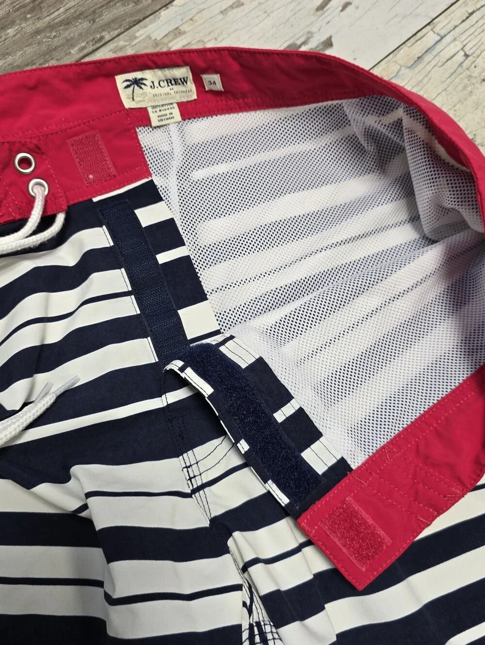 J.CREW Men's Swim Trunks Navy White Striped Board Shorts Cargo Pocket Size 34